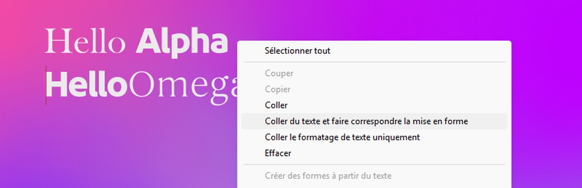 Le texte est collé à l’aide de l’option Coller du texte et faire correspondre la mise en forme. Le texte collé s’adapte à la police et au style du texte du calque de destination.