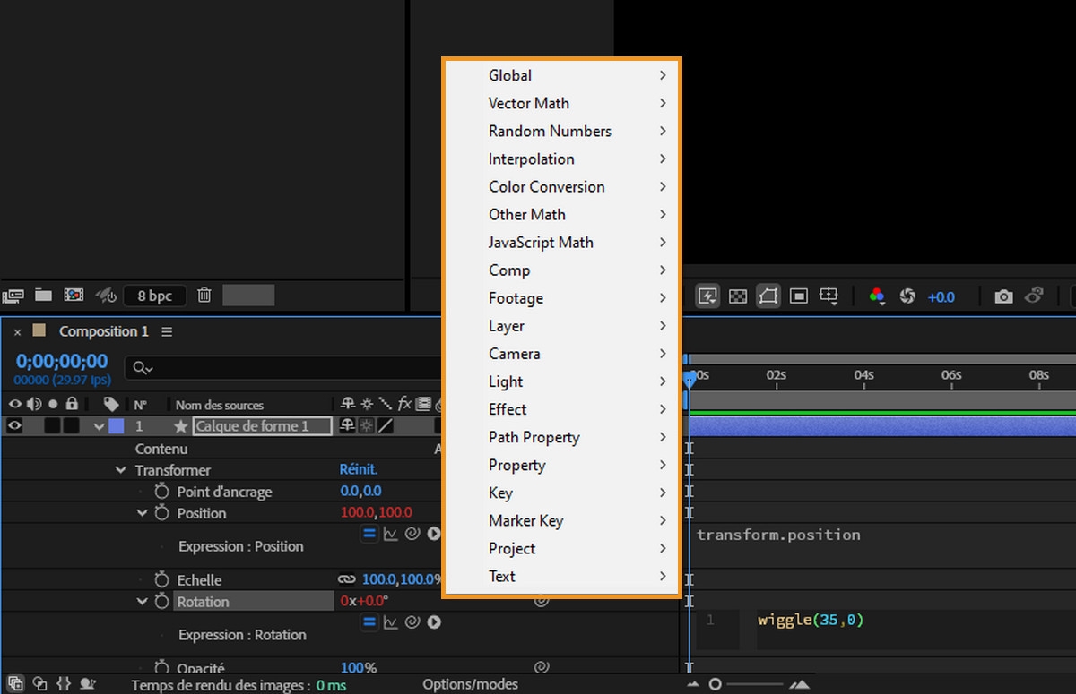  Le menu Langage dʼexpression dans After Effects est ouvert et vous pouvez choisir parmi plusieurs options.