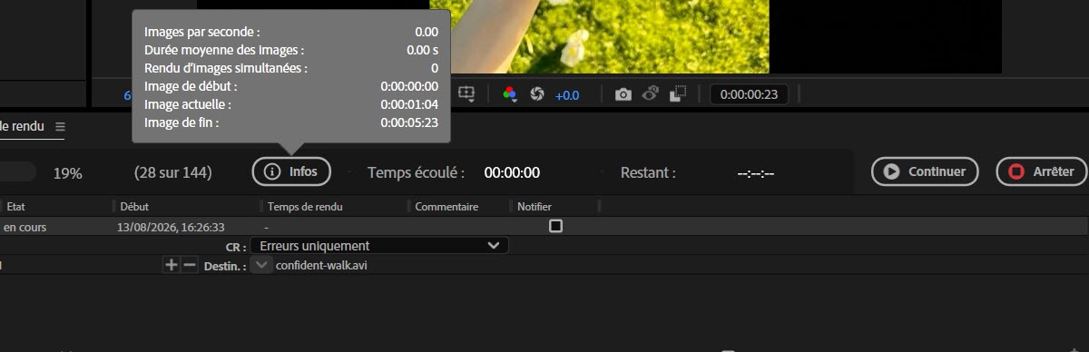 Le panneau File d’attente de rendu est ouvert et l’invite Informations est ouverte, indiquant le statut du rendu.