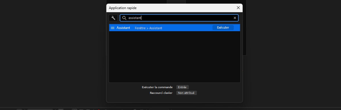 Les résultats de recherche de Quick Apply affichent la commande Assistant, répertoriée sous Fenêtre > Assistant, prête à être exécutée.
