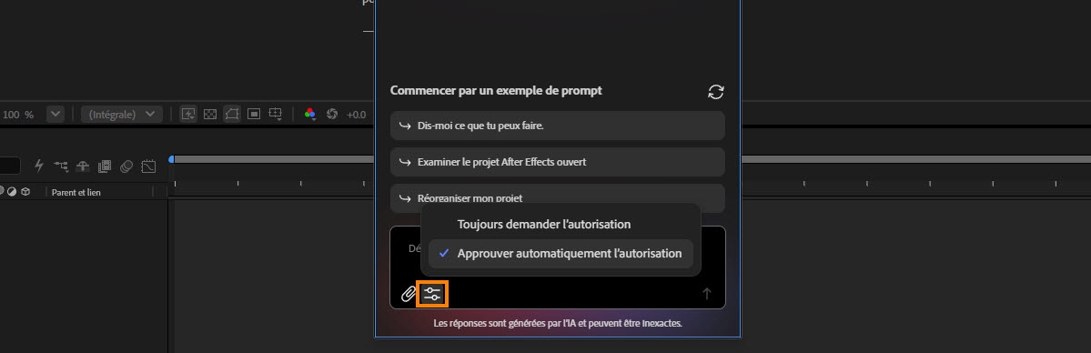 Le menu des paramètres de l'assistant affiche deux options d'autorisation : toujours demander l'autorisation ou approuver l'autorisation automatiquement.
