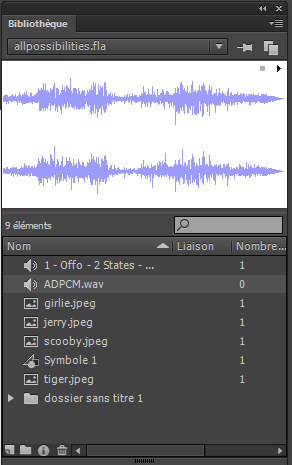 Panneau Bibliothèque avec clip audio Panneau Bibliothèque avec un clip audio sélectionné