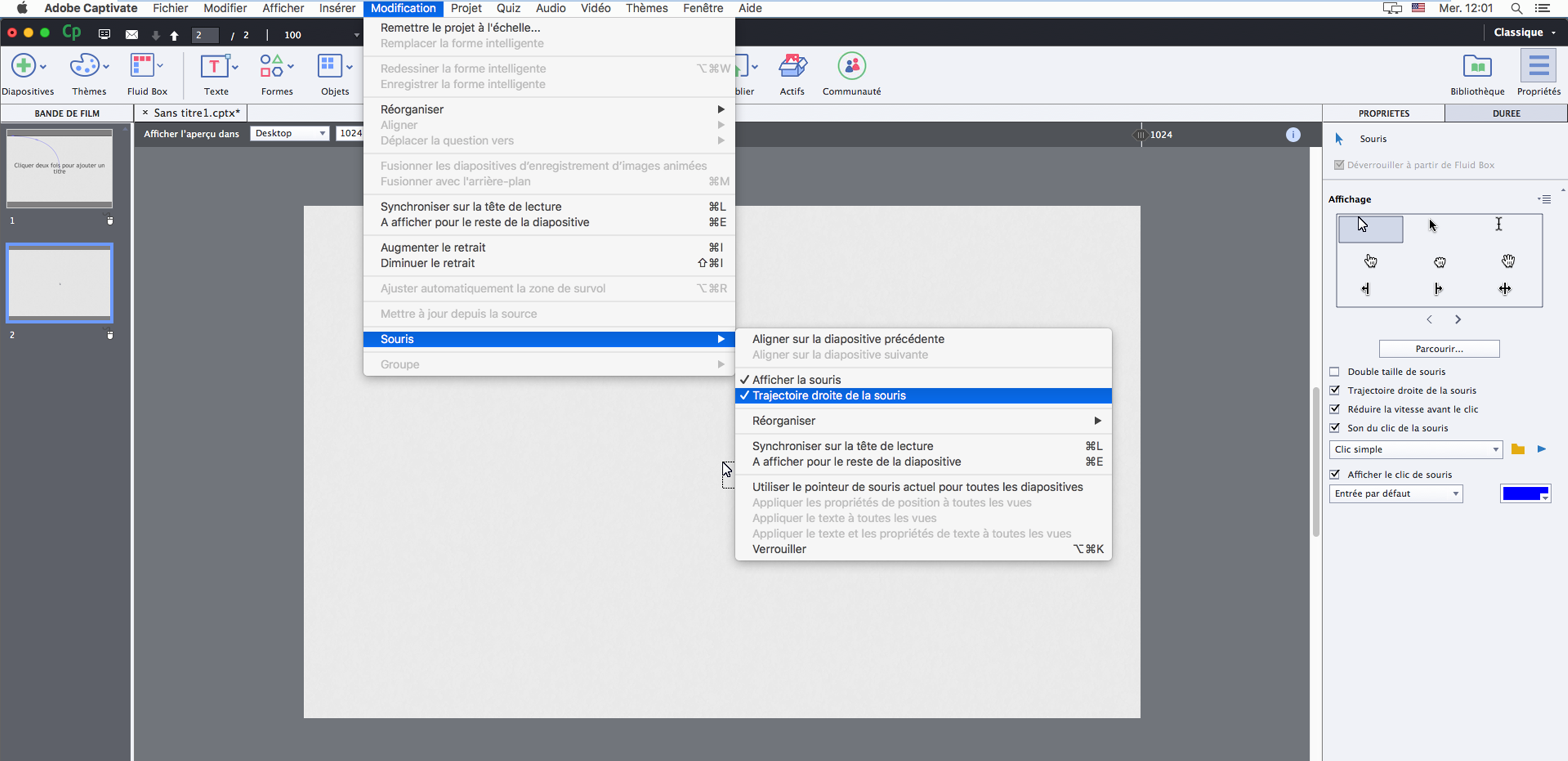 Trajectoire droite de la souris.