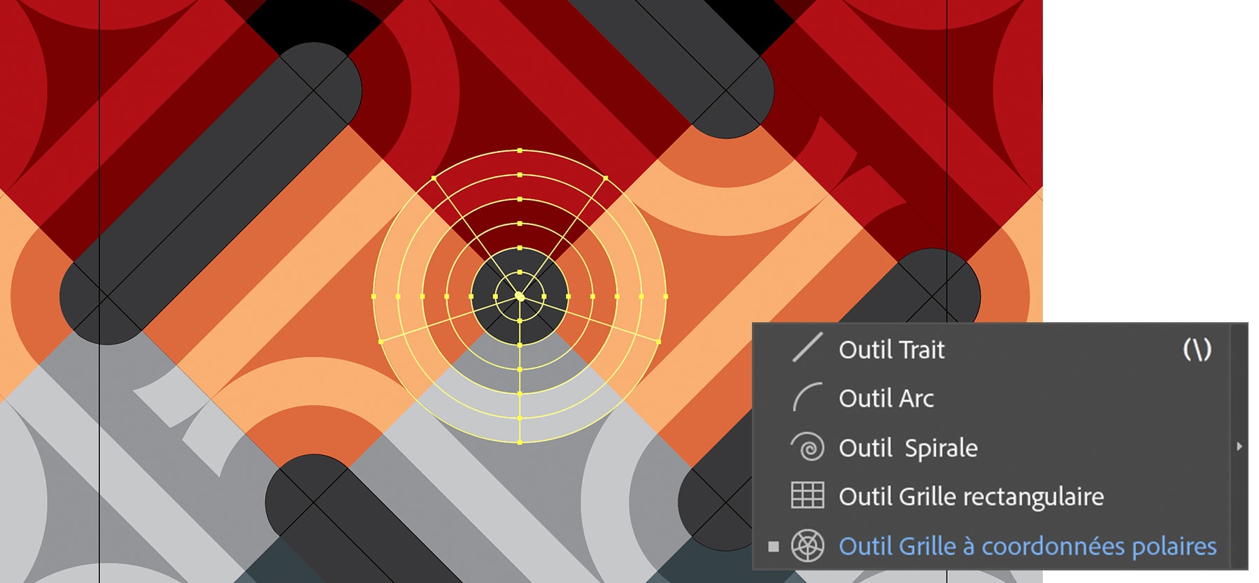 Un gros plan de la grande image montre l’outil Grille à coordonnées polaires utilisé pour diviser l’image en segments et appliquer des dégradés.  