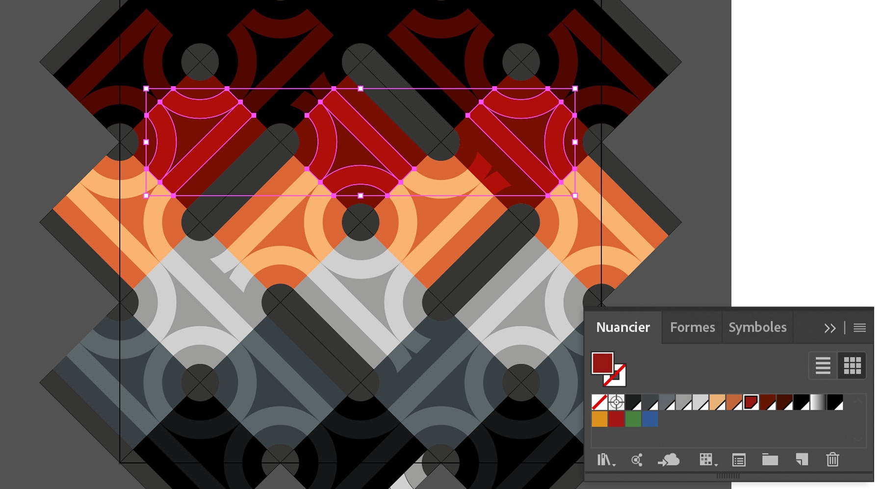 La grande image est coloriée avec une palette de nuances personnalisées en faisant ressortir une disposition en losanges. 