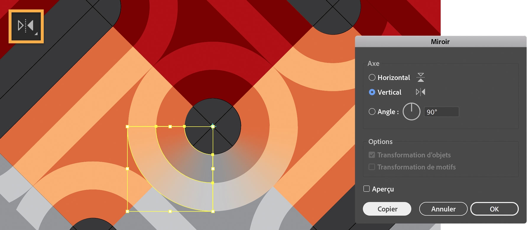 Les arcs sont reflétés sur les axes verticaux pour créer un demi-cercle contenant un dégradé.