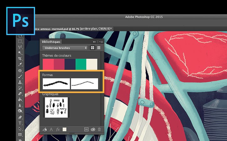 La brosse est utilisée dans Photoshop en sélectionnant Fenêtre > Bibliothèques CC, puis en cliquant sur la vignette.