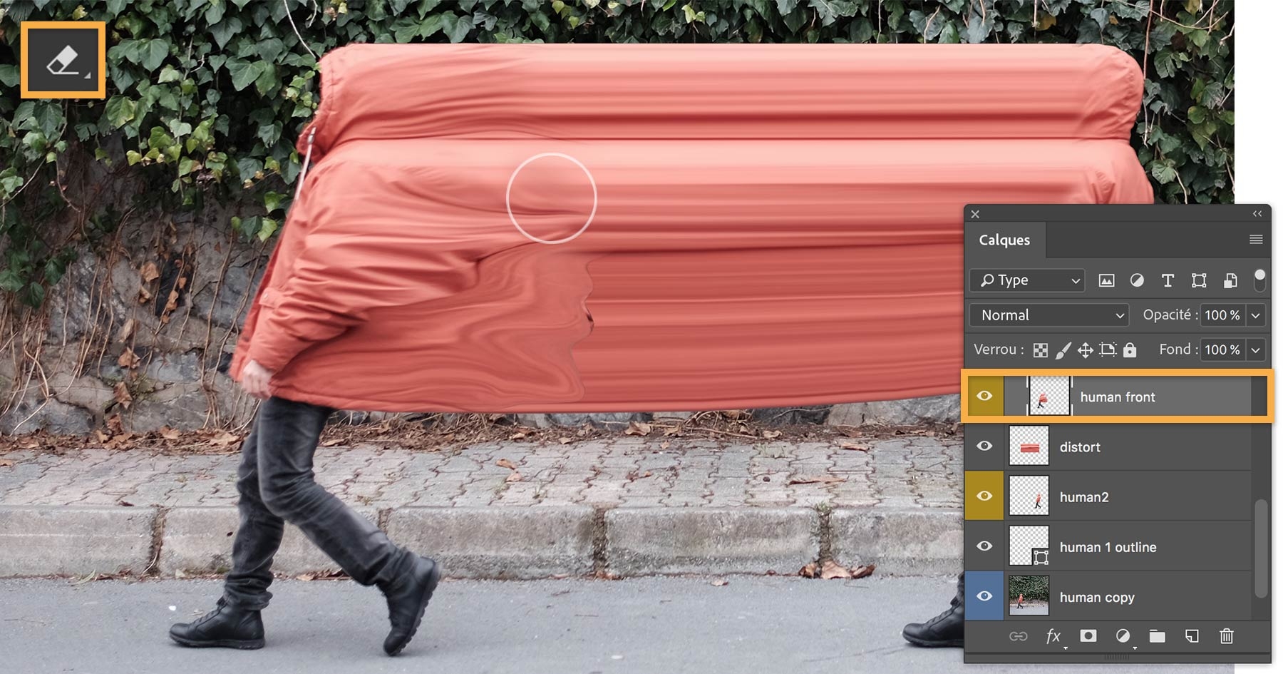 L'outil Gomme est utilisé avec un pinceau épais sur le calque « human front »