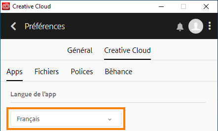 Option Langue de l’application dans l’onglet Creative Cloud