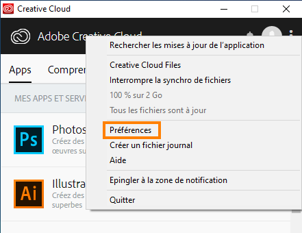 Option Préférences dans l’application de bureau Creative Cloud