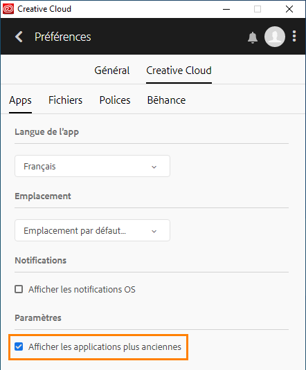 Afficher les applications plus anciennes dans les Préférences