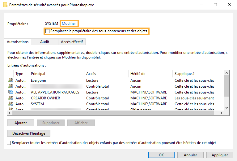 Modification du propriétaire Modification du propriétaire