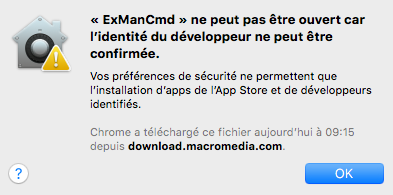 Message d’avertissement indiquant qu’ExManCmd ne peut être ouvert