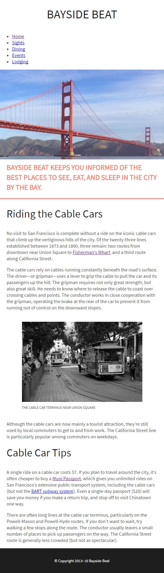 Site web Bayside Beat dans une mise en page à une colonne.