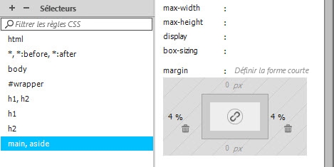 Un sélecteur de groupe est utilisé pour définir les marges horizontales des éléments <main> et <aside>.