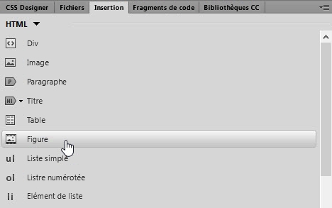 Sélection de l’élément Figure dans la catégorie HTML du panneau Insertion.