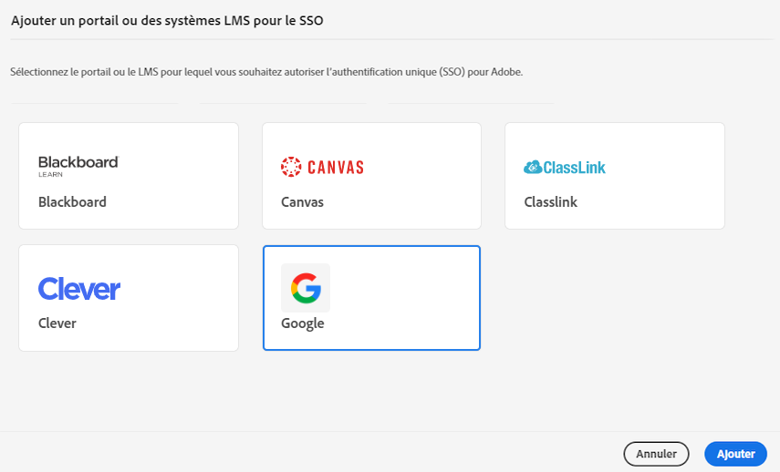 Sélectionner le portail ou le LMS