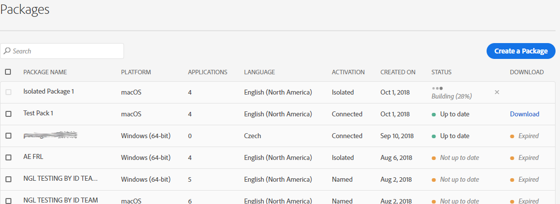 Statut de création du pack