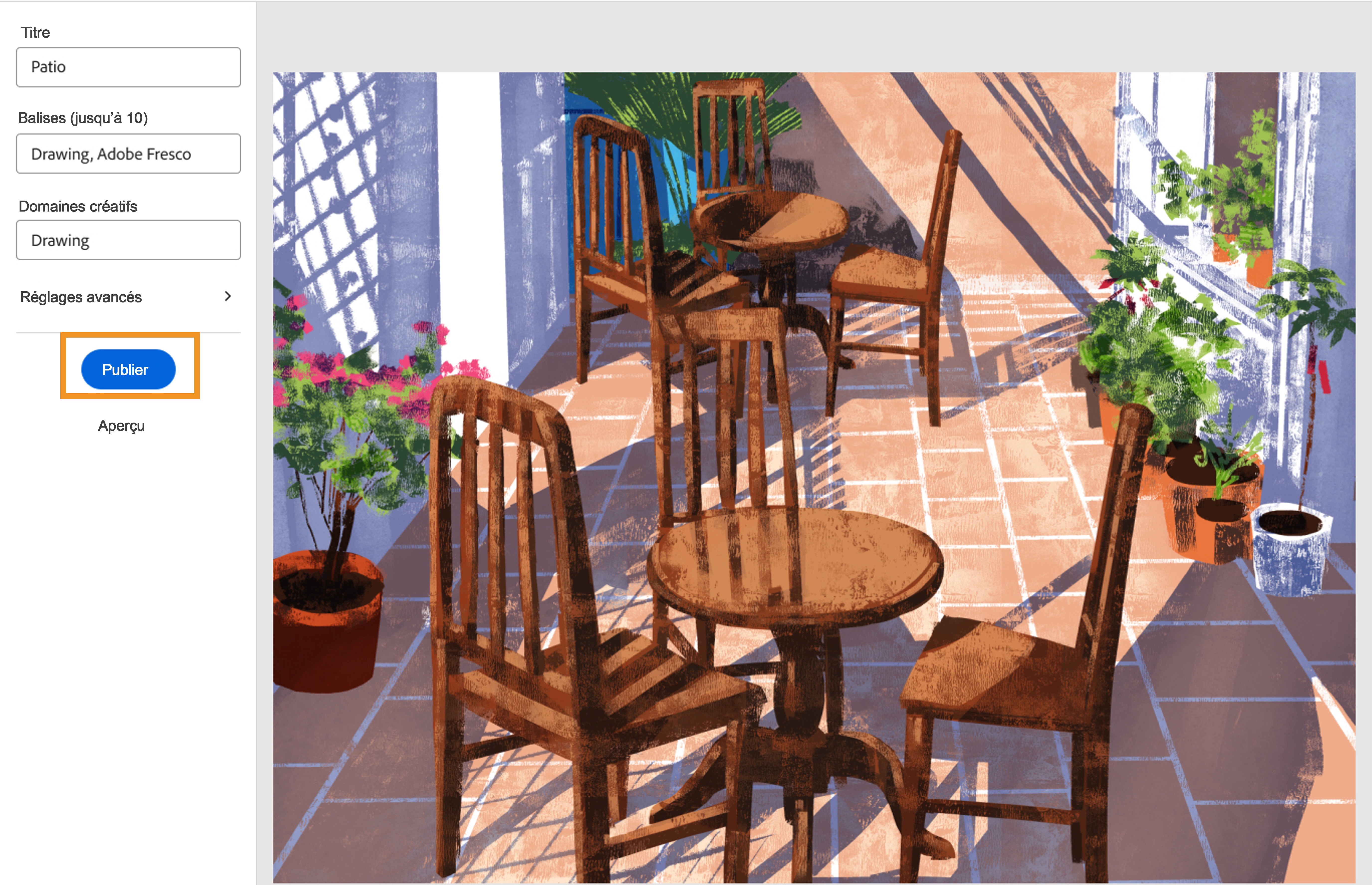 Écran « Éditeur de projet » dans Behance – Appuyez sur « Publier » Écran « Éditeur de projet » dans Behance – Appuyez sur « Publier »