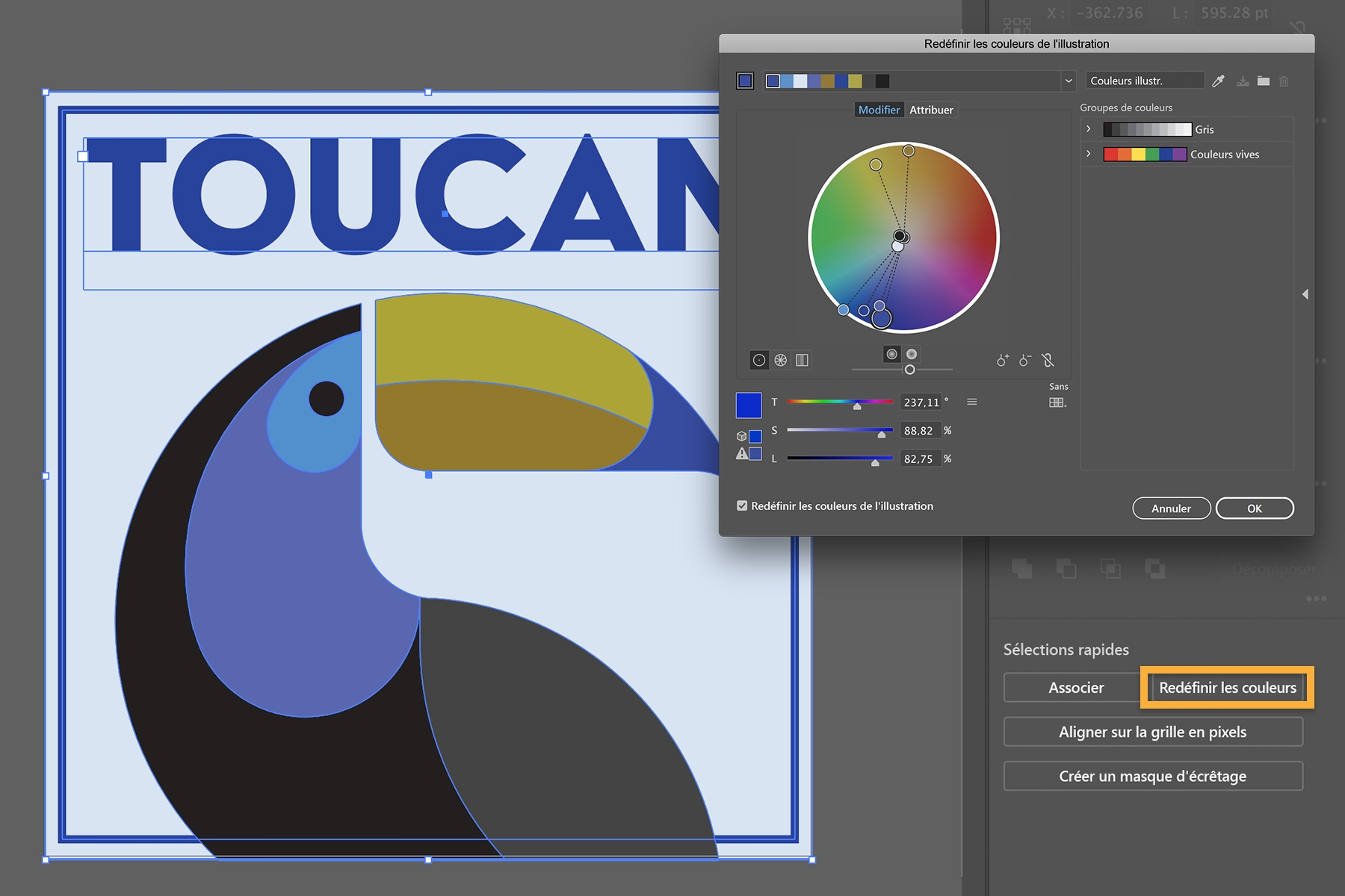 L’illustration du toucan est recoloriée à l’aide de l’outil Redéfinir les couleurs disponible dans le menu Sélections rapides du panneau Propriétés.  