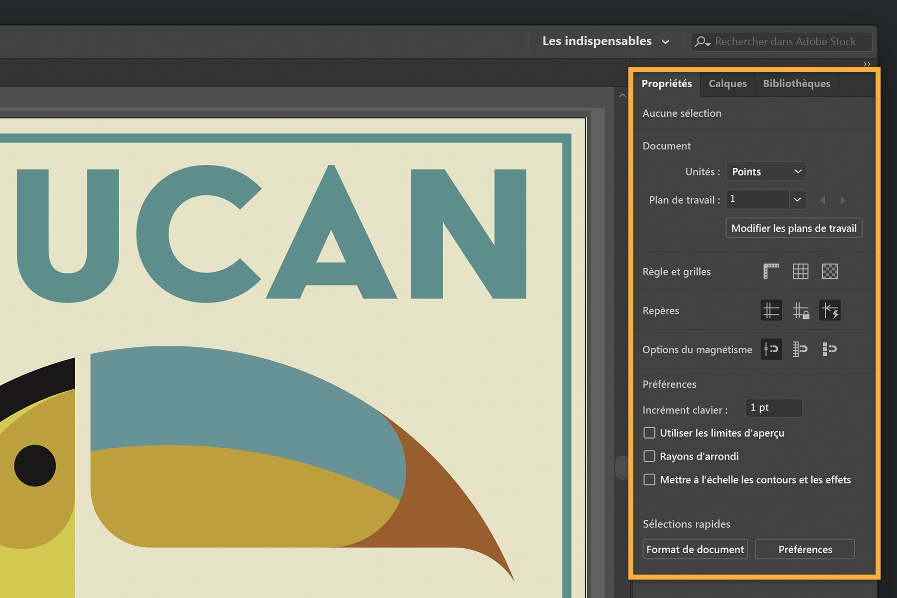 Le panneau Propriétés intelligent change en fonction des éléments sélectionnés.