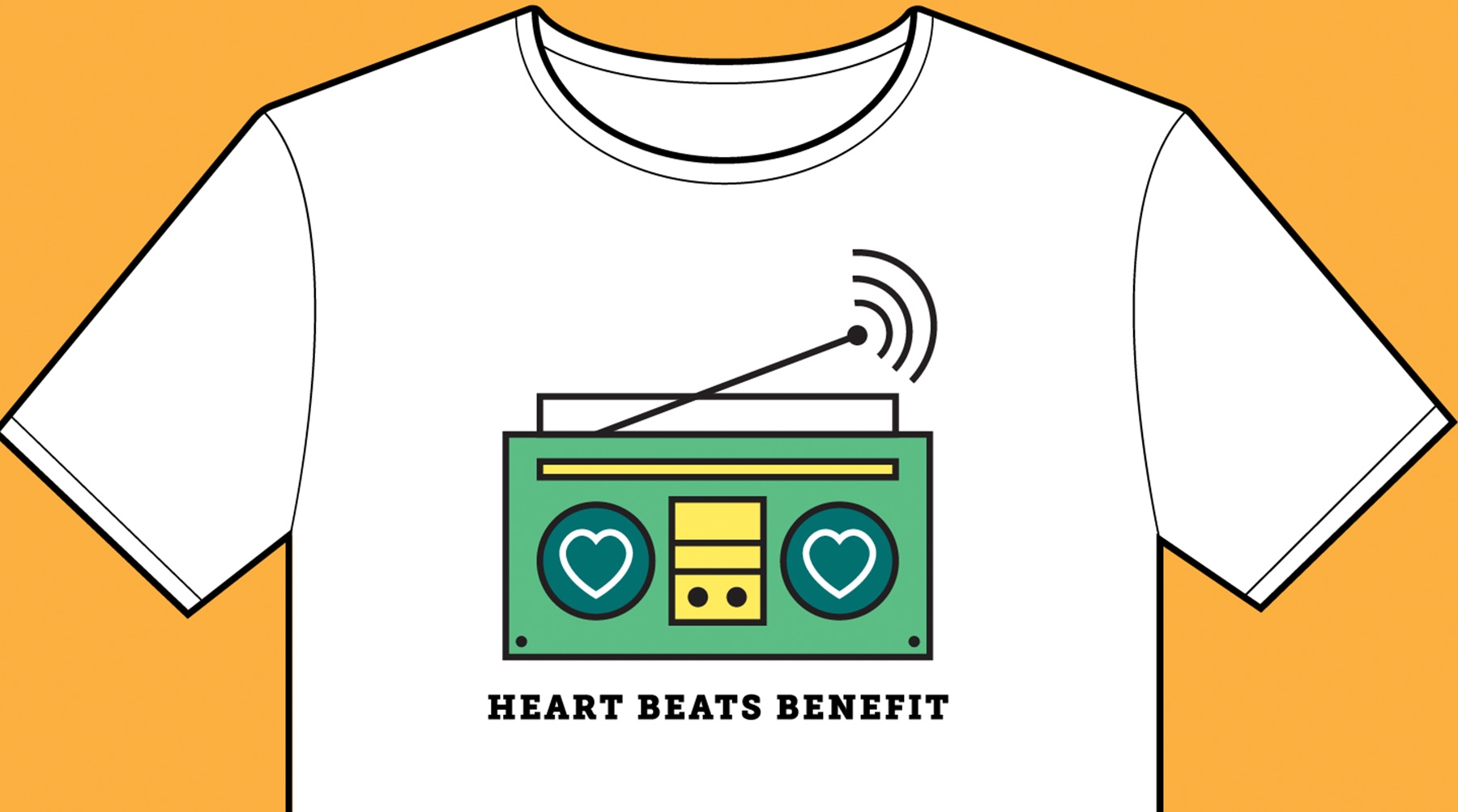 T-shirt blanc paré d’une radio-cassette verte avec l’inscription « HEART BEATS BENEFIT »
