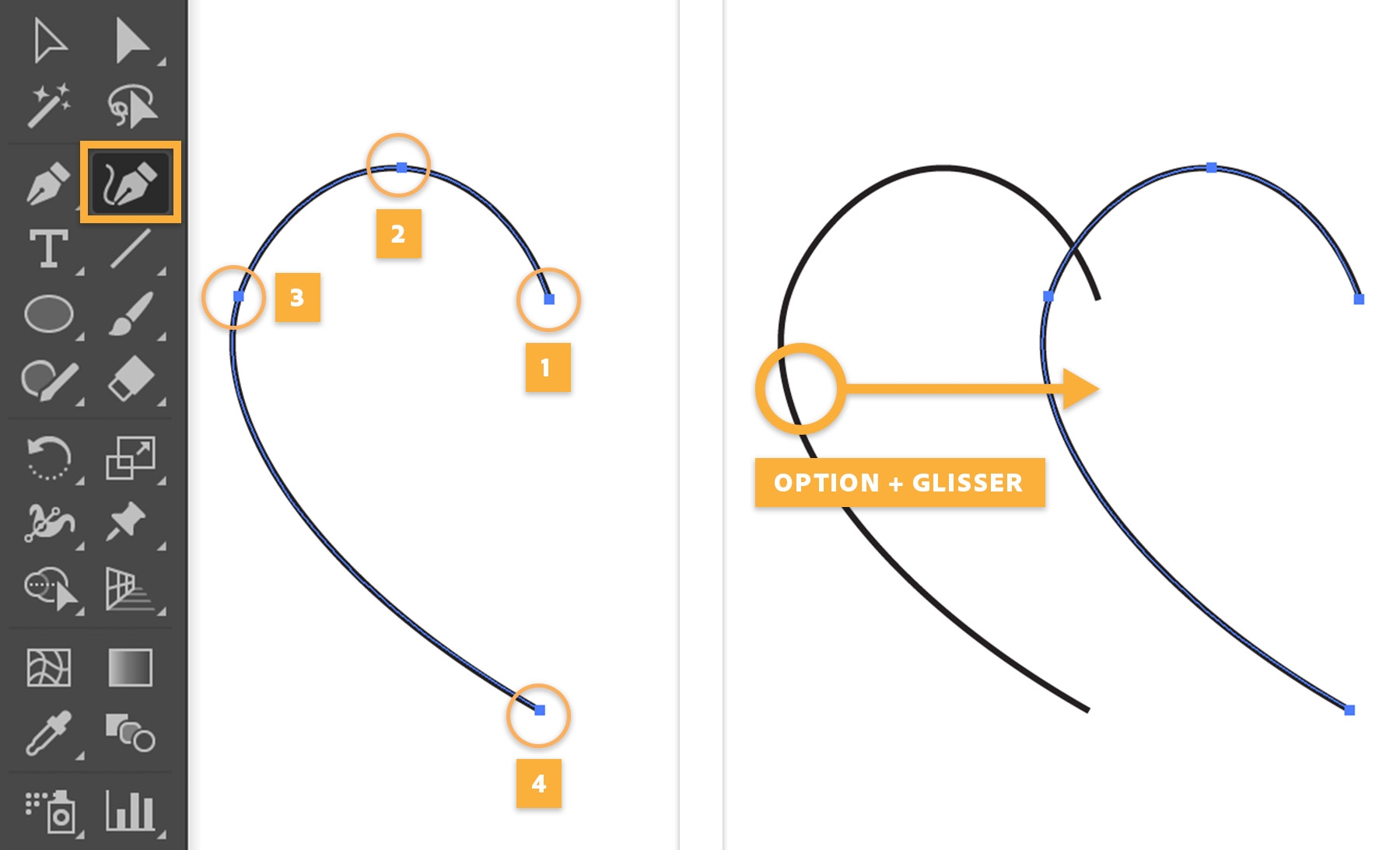 Le demi-cœur créé à l’aide de l’outil Courbure est dupliqué en appuyant sur Alt ou Option et en le faisant glisser. 