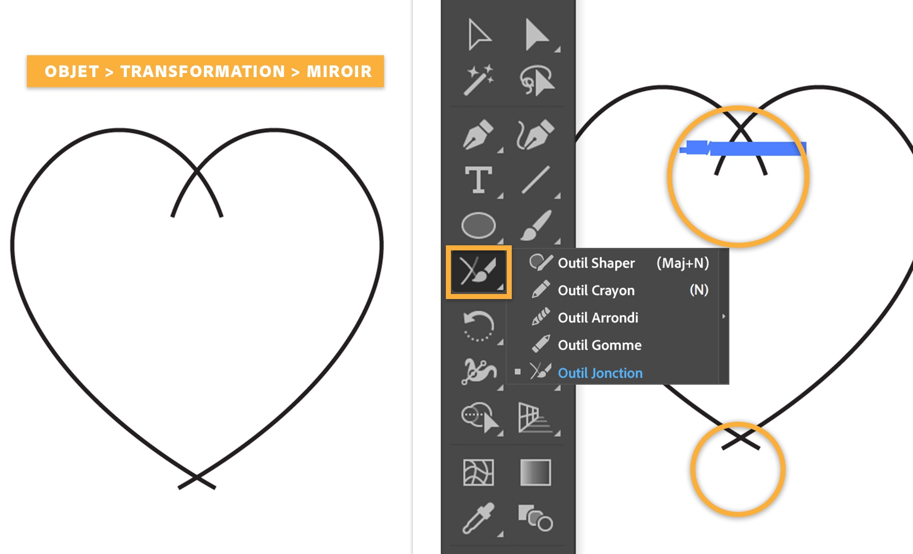 Le demi-cœur se réfléchit sur l’axe vertical. L’outil Jonction est utilisé pour réunir les deux formes et supprimer les parties excédentaires.