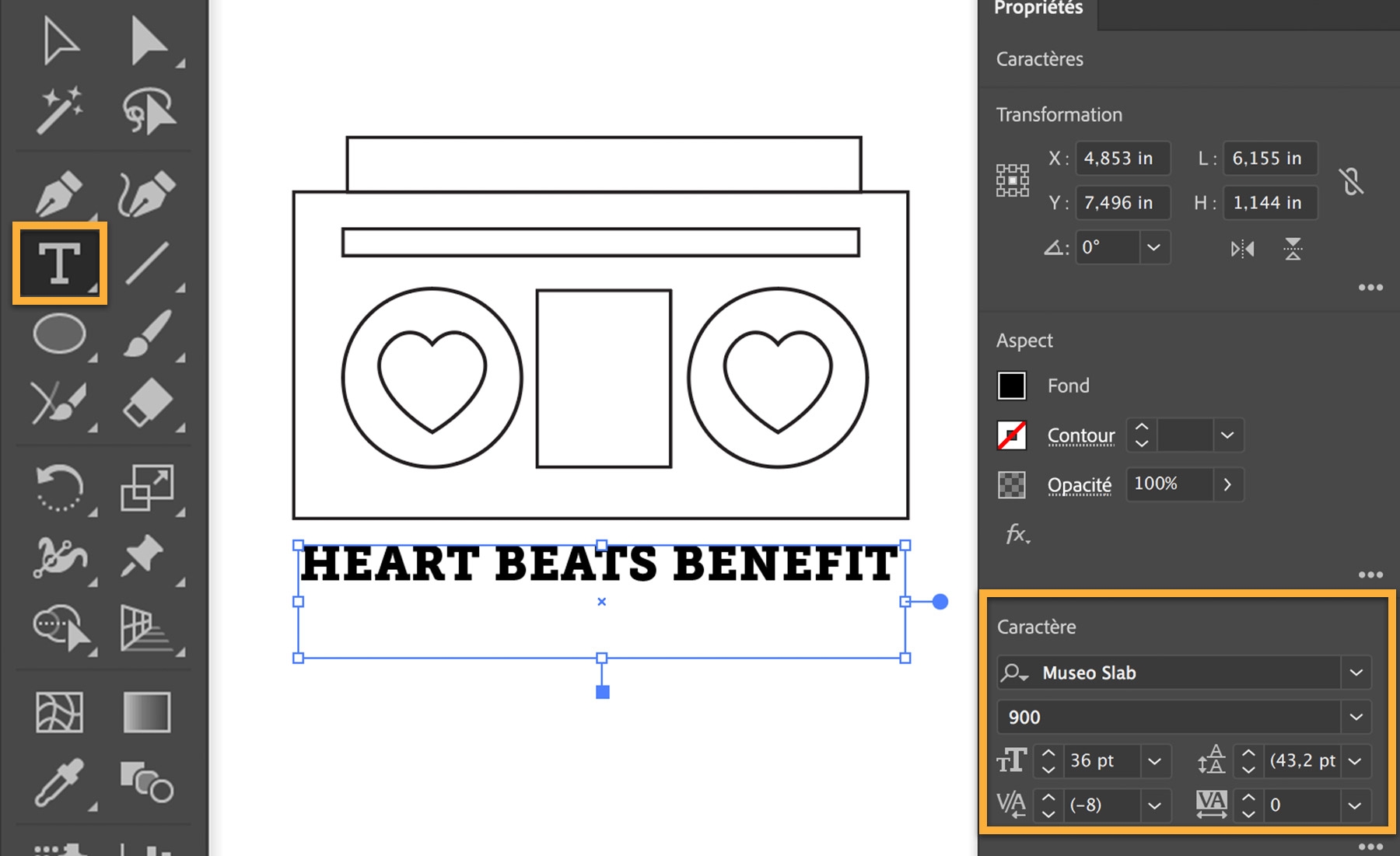 Les mots « HEART BEATS BENEFIT » sont ajoutés sous la radio-cassette. Le texte est modifié à partir du menu Caractère du panneau Propriétés.