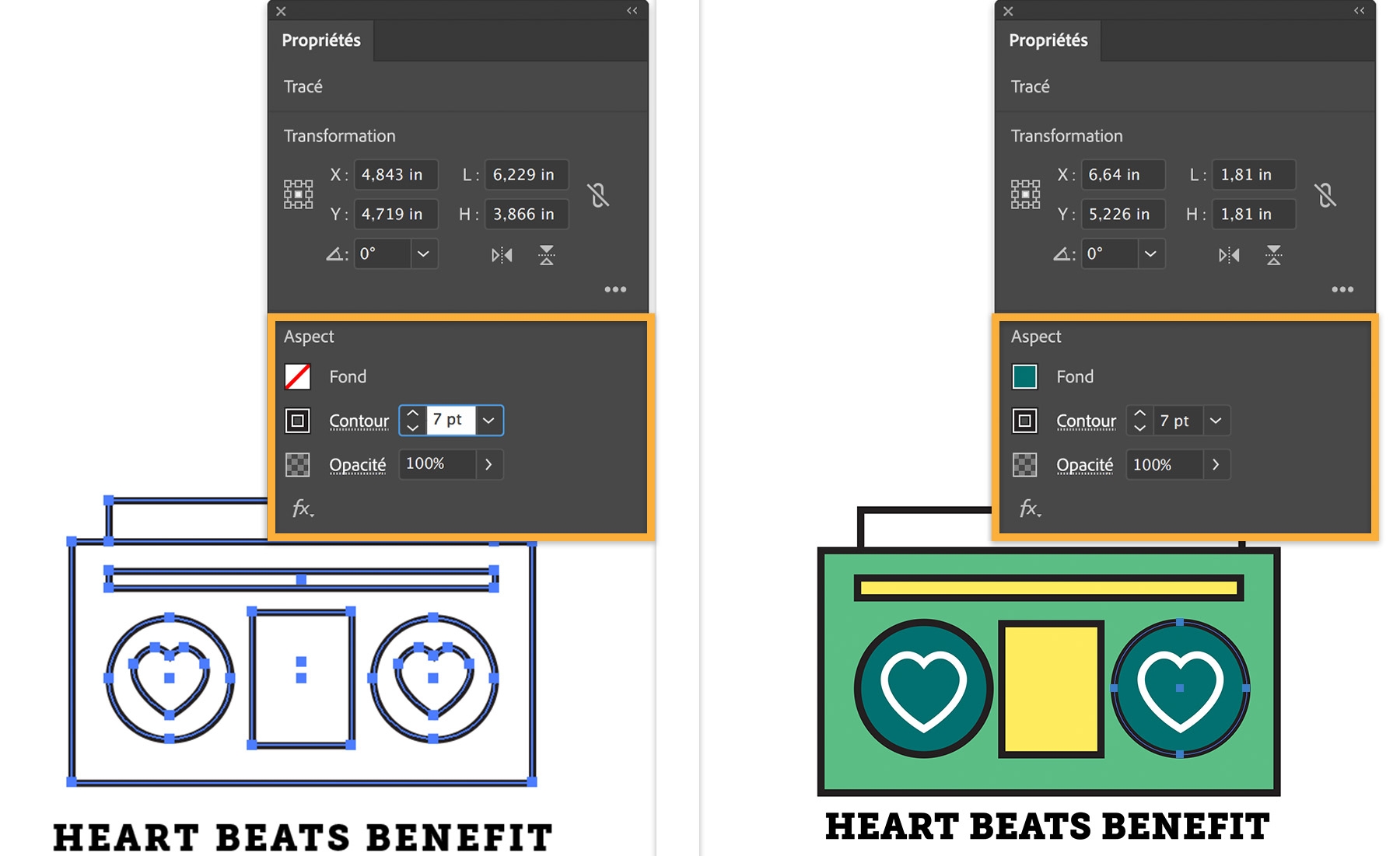 Les couleurs de fond et de contour sont ajoutées à la radio-cassette à partir du panneau Propriétés. 