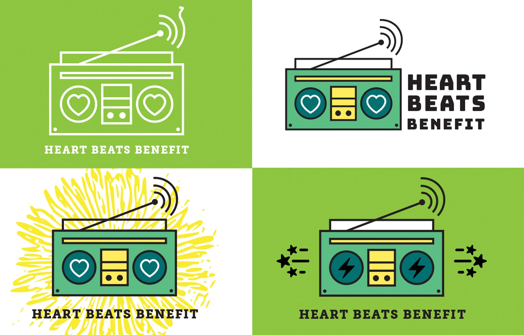 Quatre versions du motif de t-shirt radio-cassette « HEART BEATS BENEFIT »