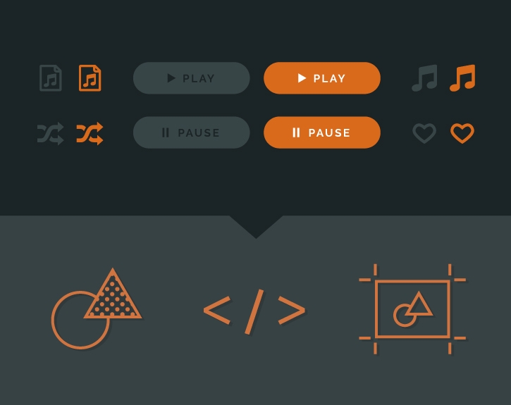 Menu d’une application musicale montrant des options Lecture, Pause, J’aime et Aléatoire. Les options du code SVG incluent la prise en charge d’autres applications web et mobiles.
