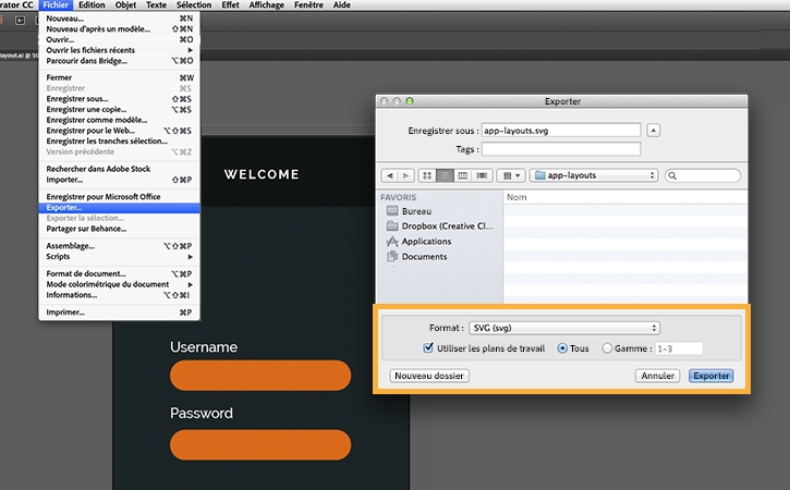 Les fichiers Illustrator sont exportables au format SVG en choisissant Fichier > Exporter et l’option SVG.