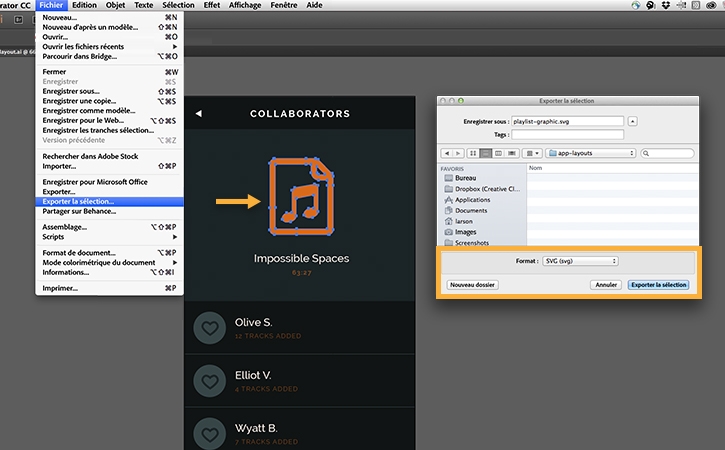 L’icône de note de musique est la seule partie sélectionnée d’un plan de travail. La commande Fichier > Exporter la sélection exporte uniquement l’icône. 