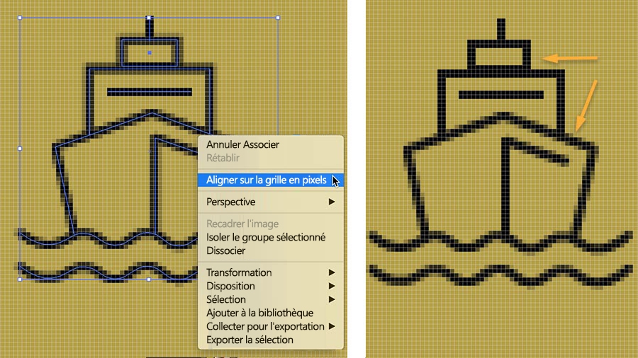 L’option Aligner sur la grille en pixels améliore la netteté du dessin de bateau pixellisé. 