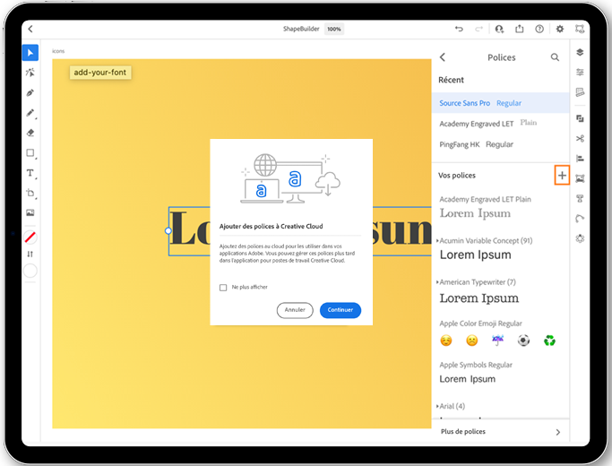 font-add Vous pouvez mettre à jour vos polices directement depuis l’application. Cette image montre à quoi ressemble la liste des polices avec le bouton Ajouter. Cliquez sur ce bouton pour ajouter votre police depuis l’application.