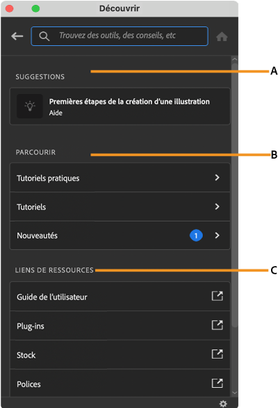 Interface du panneau Découvrir dans l’espace de travail Illustrator