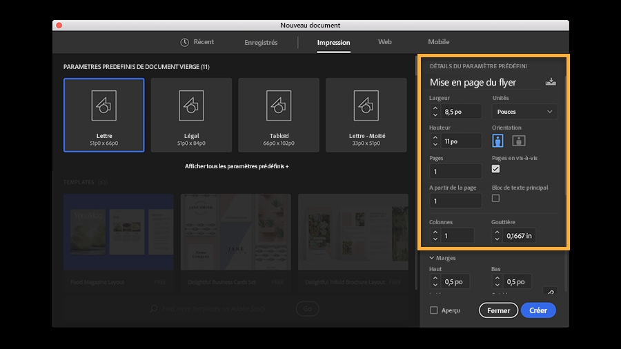 Une fois le format prédéfini sélectionné, le document peut être personnalisé dans la fenêtre Détails du paramètre prédéfini. 