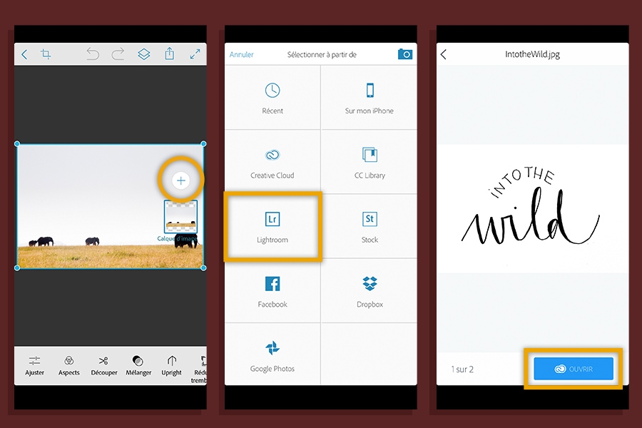 Interface de Lightroom avec des boutons mis en évidence : Signe Plus > Sélectionner à partir de Lightroom > Ouvrir l'image nommée IntotheWild.jpg