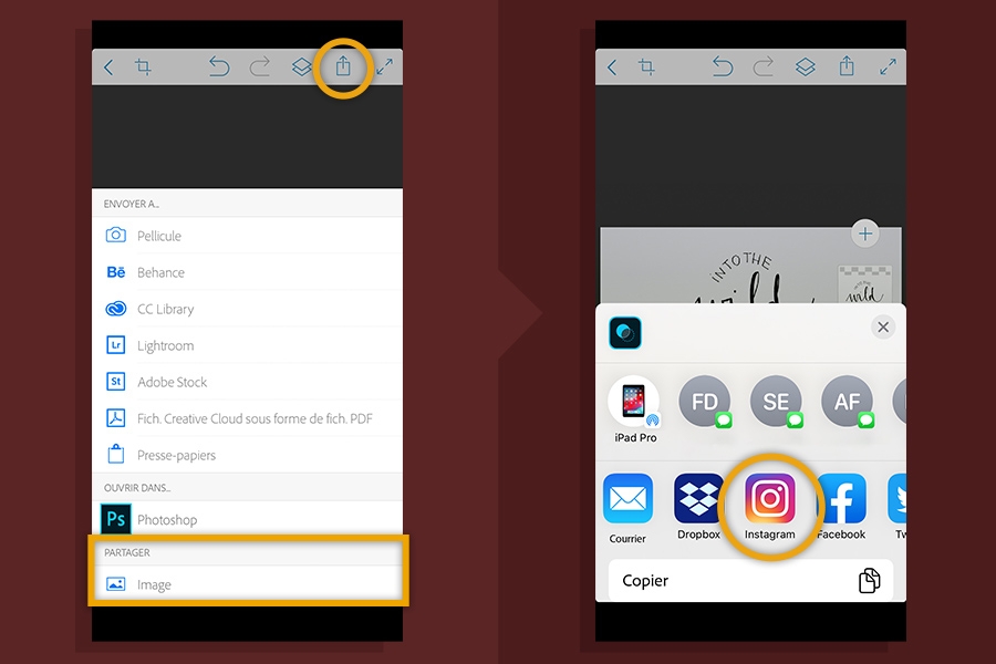 Appuyez sur le bouton Partager, puis sur le logo Instagram
