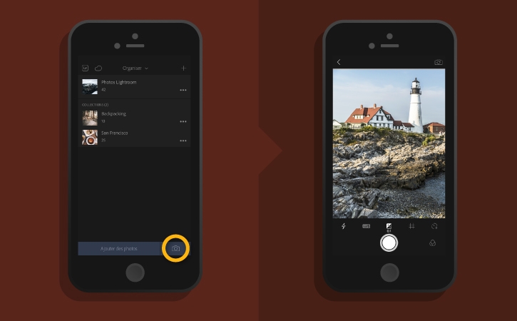 Écran de téléphone montrant l'icône d'appareil photo de Lightroom (gauche) et écran de téléphone montrant l'interface de l'appareil photo (droite)