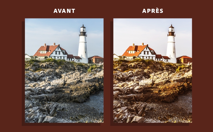 Images du phare avant et après ; l’image avant est en couleur et l’image après est en noir et blanc