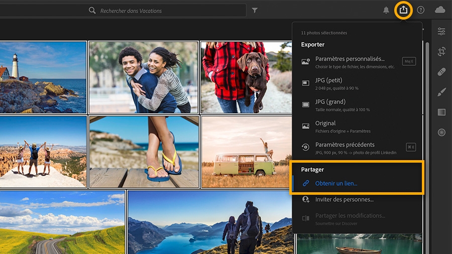 Photos dans un album de Lightroom sur ordinateur avec l’icône Partager mise en évidence et l’option de partage Obtenir un lien affichée dans le menu.
