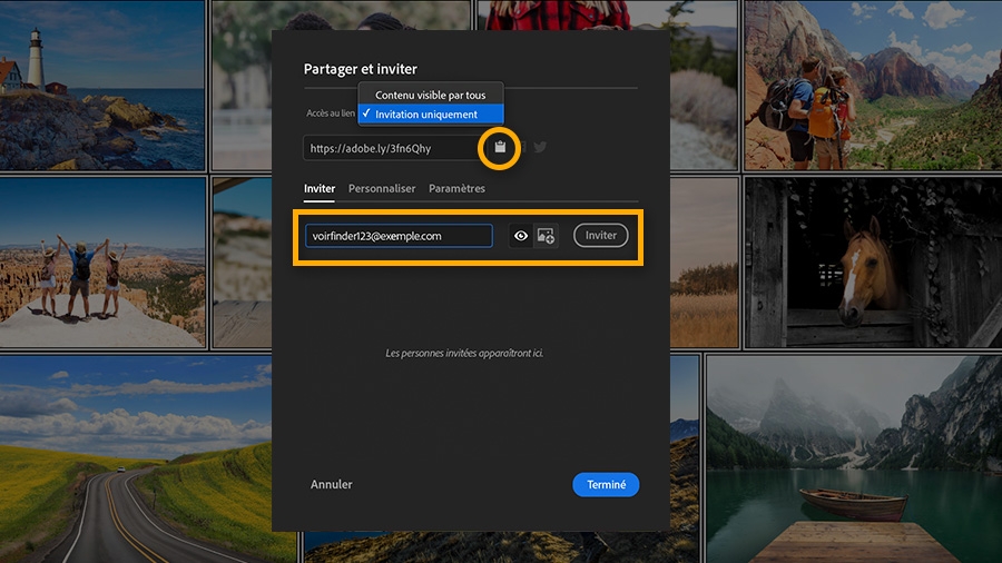 La fenêtre Partager et inviter dans Lightroom sur ordinateur affiche les options disponibles pour le partage de photos sous forme de galerie web.