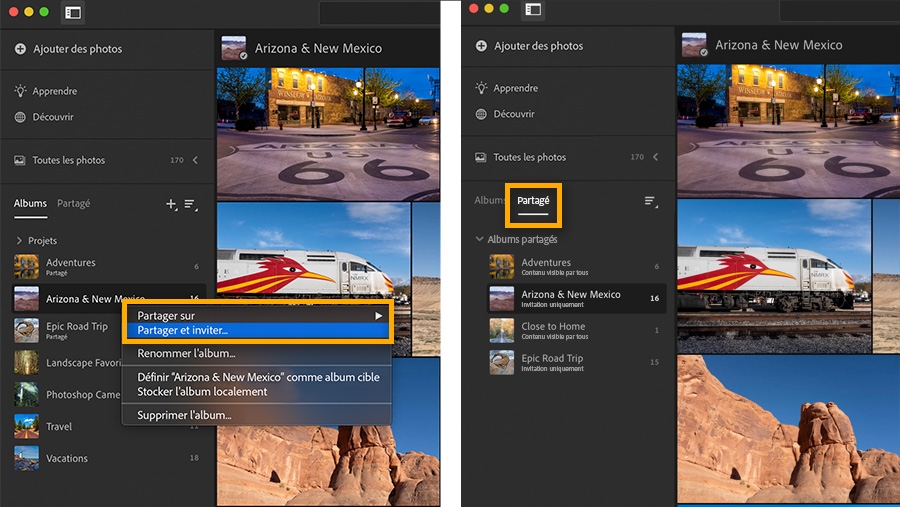 Vue des albums dans Lightroom sur ordinateur montrant comment partager un album de photos, ainsi que la vue des seuls albums partagés.