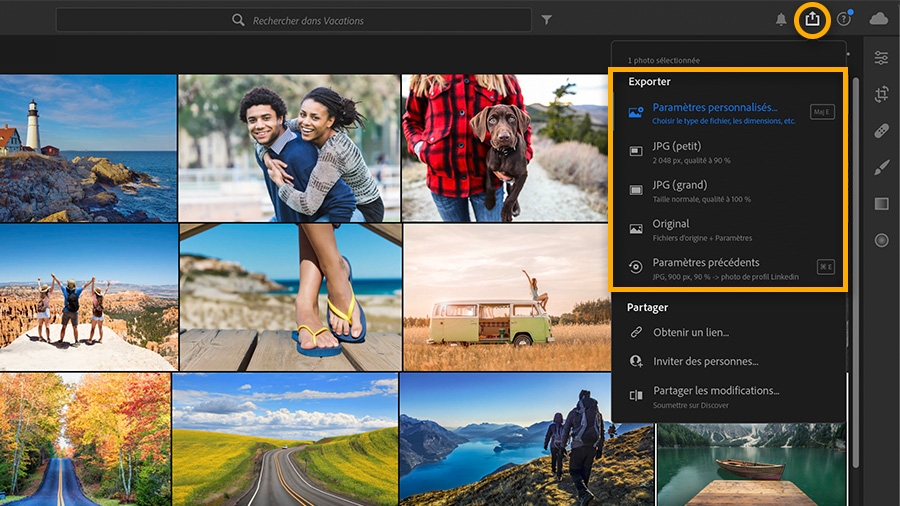 Photos dans un album de Lightroom sur ordinateur avec l’icône Partager mise en évidence et les options d’exportation affichées dans un menu.