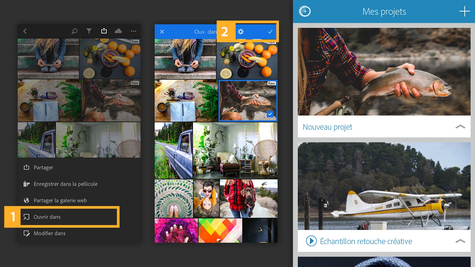 Pour ouvrir une photo dans une autre application, appuyez sur l’icône de partage, sélectionnez Ouvrir dans ou Modifier dans, sélectionnez l’image, puis choisissez l’application.