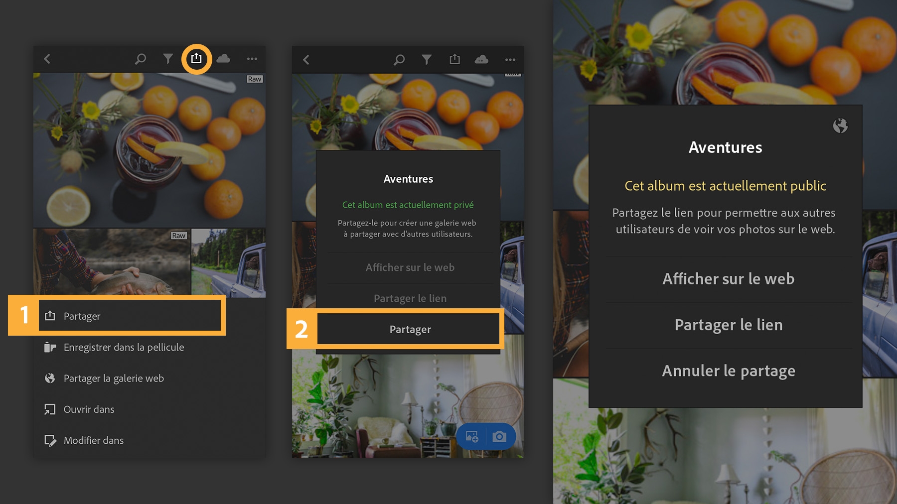 Pour partager des albums, appuyez sur l’icône de partage, sélectionnez Partager l’album et appuyez sur Partager. Un album peut être consulté sur le web ou partagé à l’aide d’une URL.
