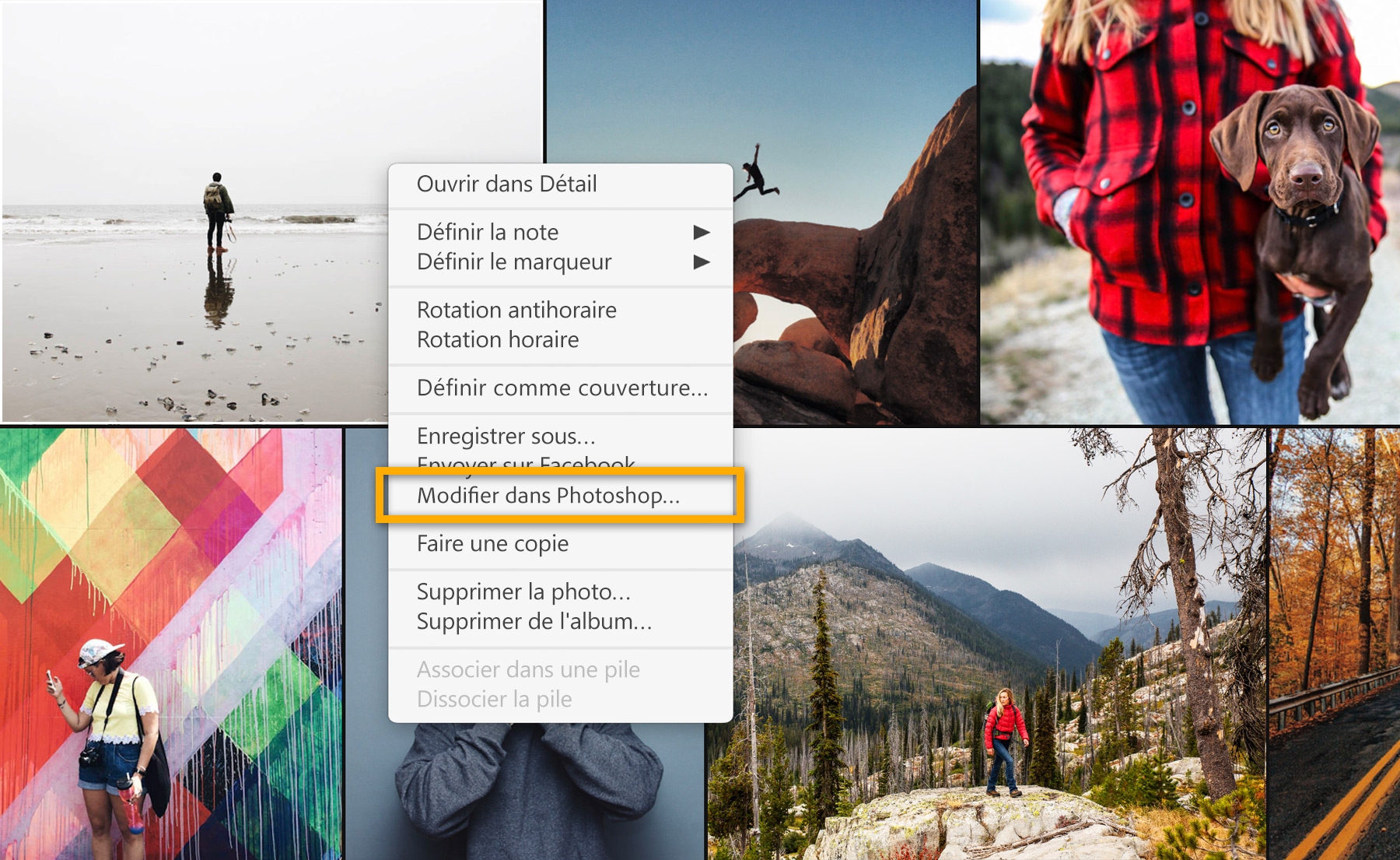 Collage de photos ouvertes dans Lightroom. Pour effectuer des retouches dans Photoshop, faites un clic droit sur une photo et choisissez Modifier dans Photoshop.