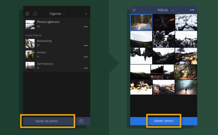 L'interface de Lightroom for Mobile avec les boutons Ajouter et Depuis la Pellicule mis en évidence